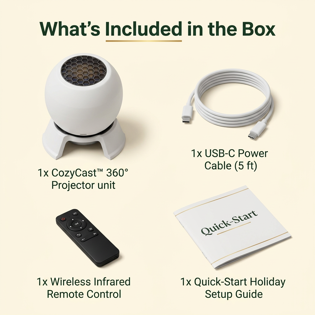 Illustrated CozyCast box contents: projector, 5-foot USB-C power cable, wireless infrared remote control, and quick-start holiday setup guide.